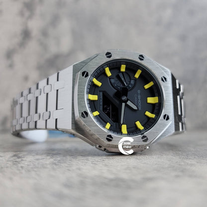 Casioak Mod Watch Silver Case Metal Strap Black Yellow Time Mark Black Dial 44mm - Casioak Studio