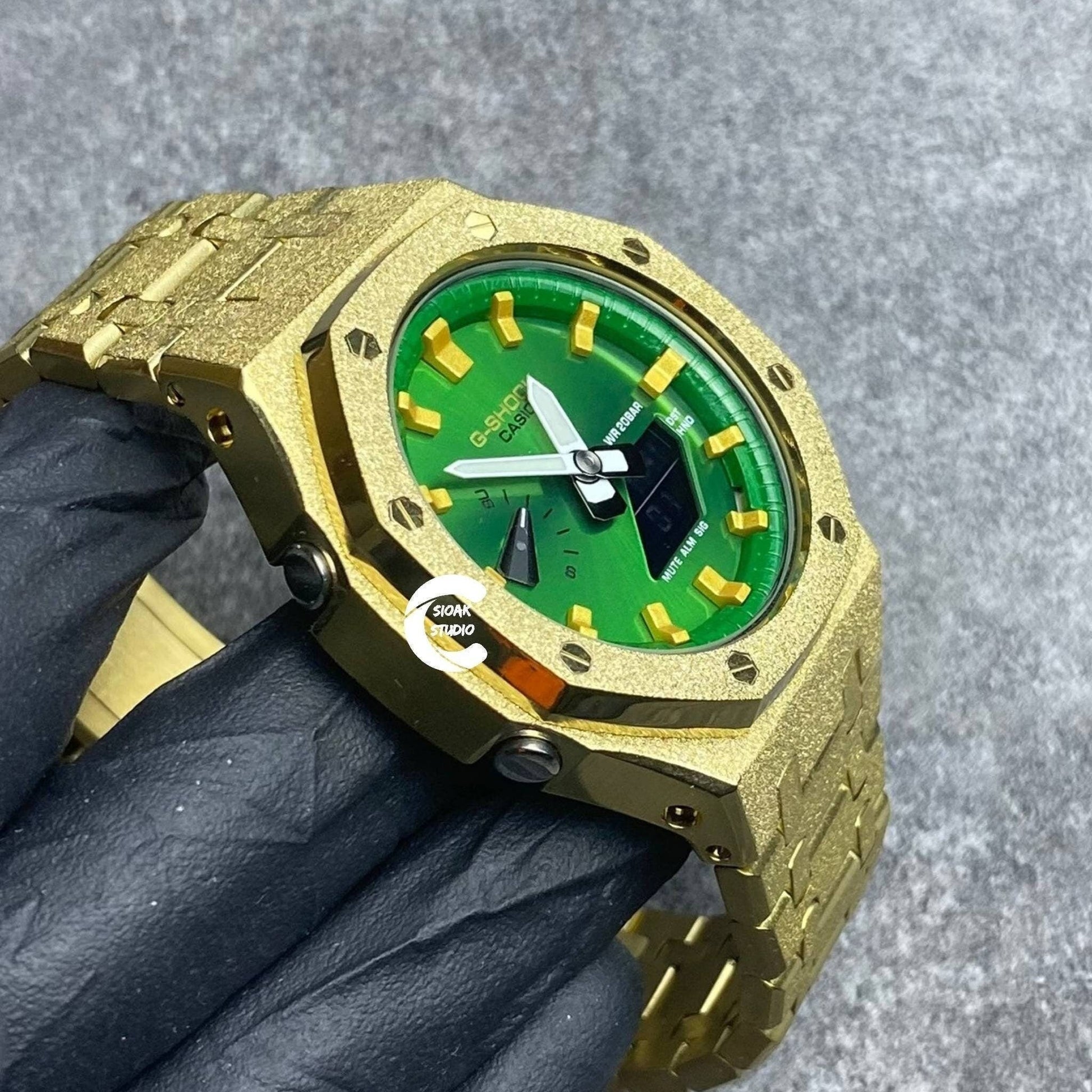 Casioak Mod Watch Frosted Gold Case Metal Strap  Green Time Mark  Green Dial 44mm - Casioak Studio