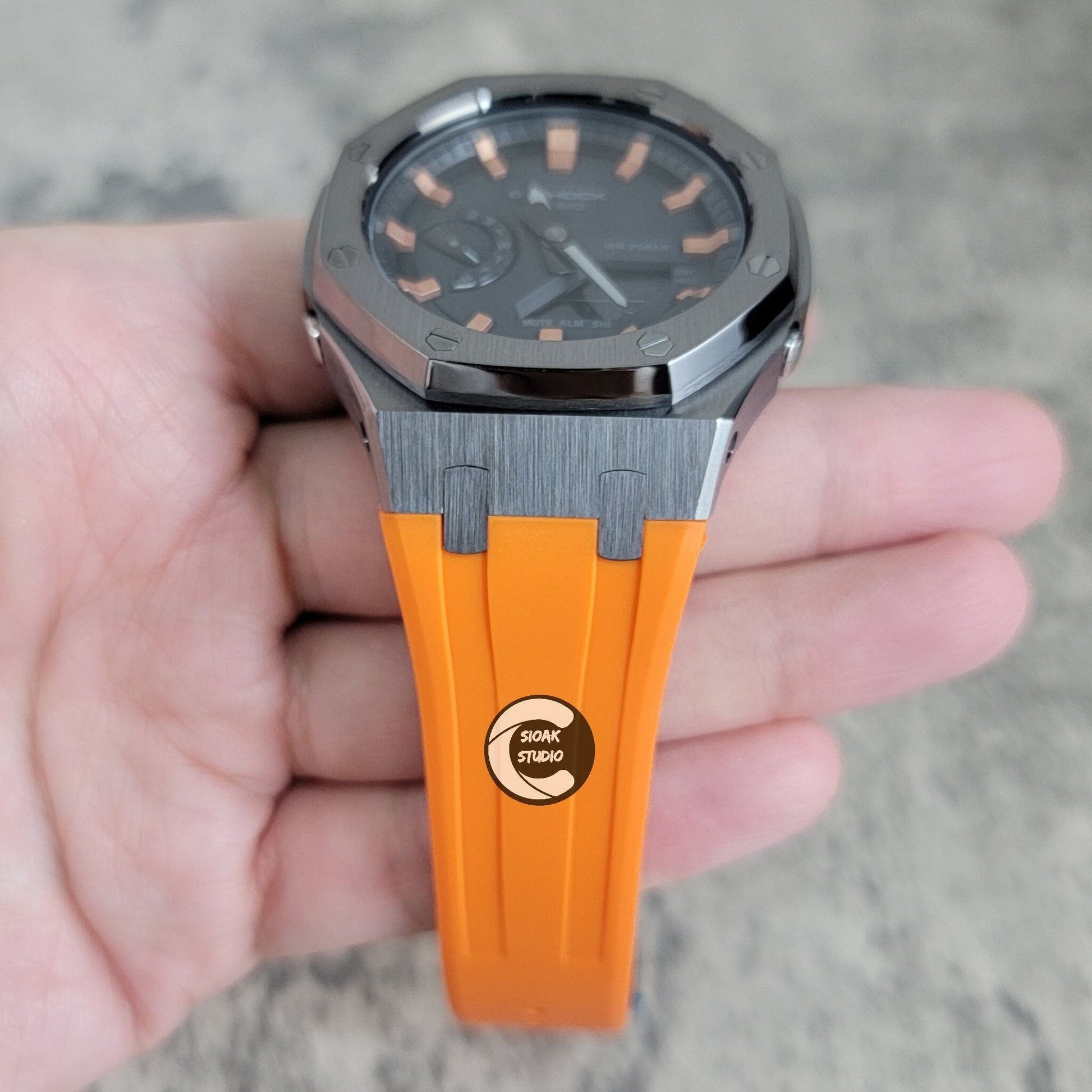 Casioak Mod Watch Silver Case Orange Rubber Strap Black  Rose Gold Time Mark Black Dial 44mm - Casioak Studio