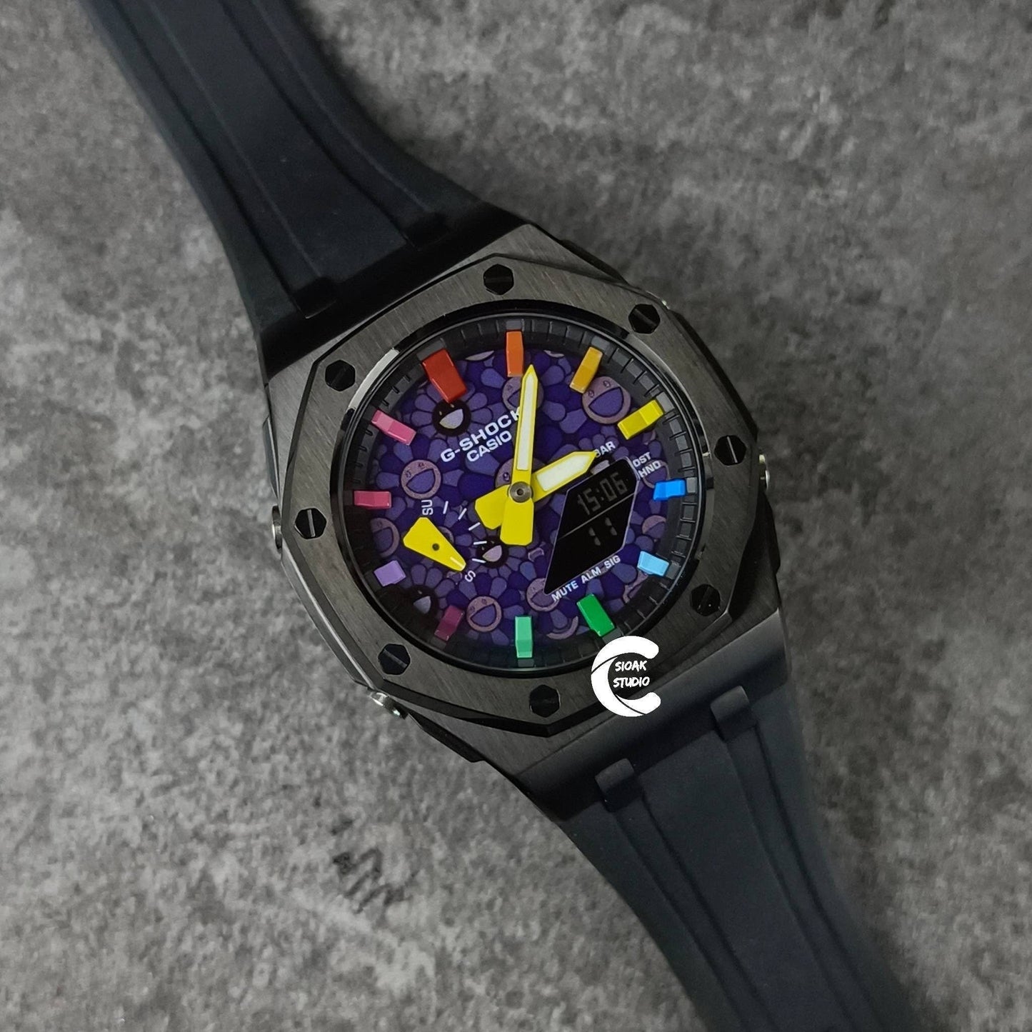 Casioak Mod Watch Offshore Superior Black Case Black Rubber Strap Black Rainbow Time Mark Takashi Murakami Dial 44mm - Casioak Studio