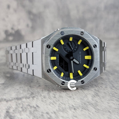 Casioak Mod Watch Silver Case Metal Strap Black Yellow Time Mark Black Dial 44mm - Casioak Studio