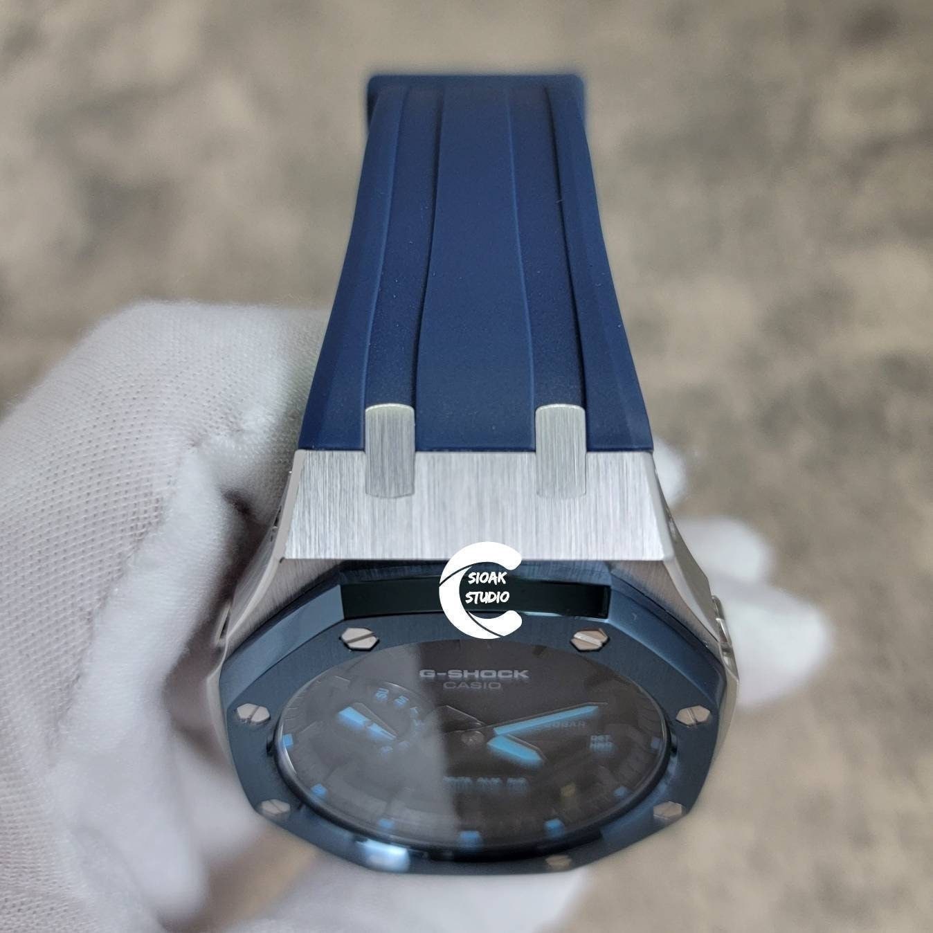 Casioak Mod Watch Blue Silver Case Blue Rubber Strap Black Time Mark Black Dial 44mm - Casioak Studio