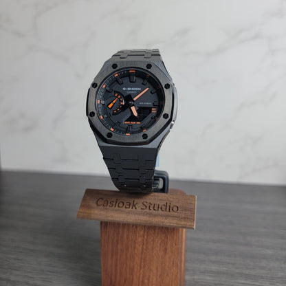 Casioak Mod Watch Black Case Metal Strap Black Time Mark Black Dial 44mm Orange - Casioak Studio