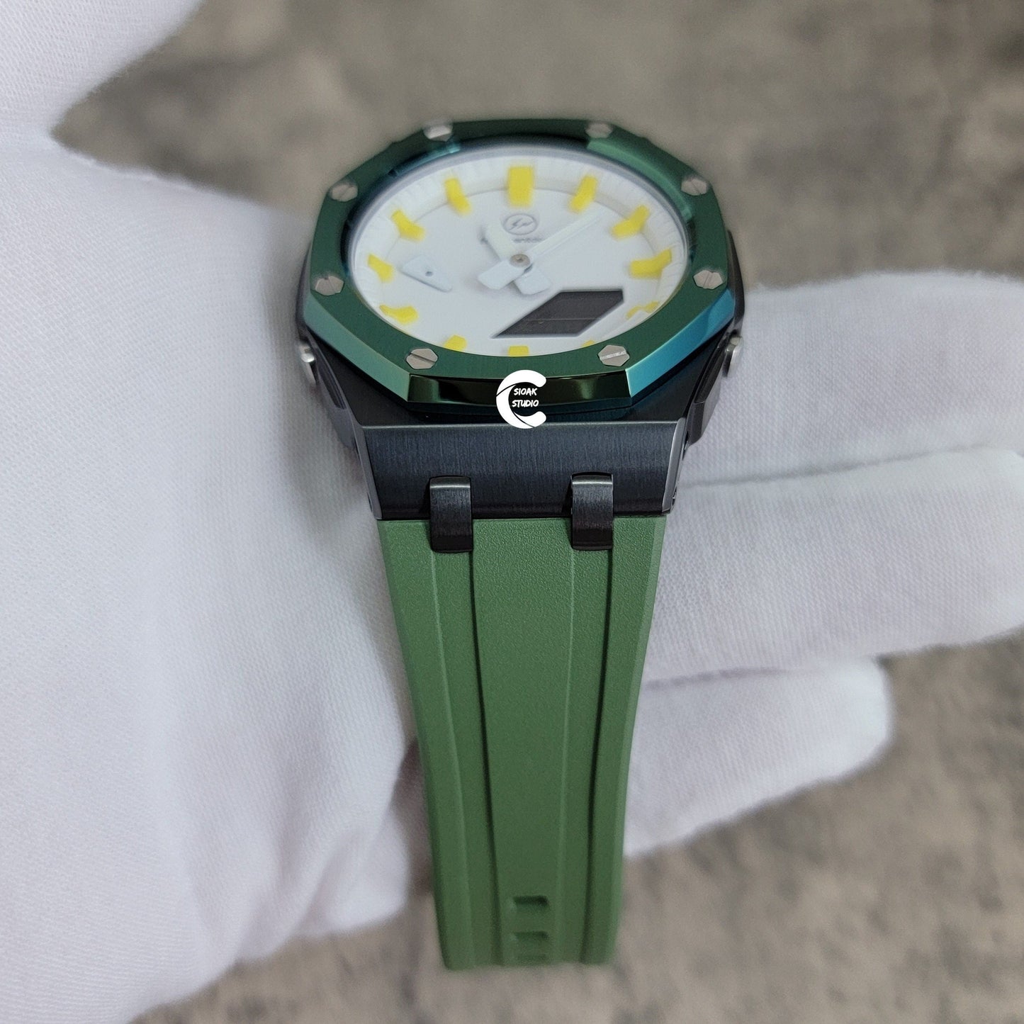 Casioak Mod Watch Green Black Offshore Superior Case Green Rubber Strap White Time Mark Dial 44mm - Casioak Studio