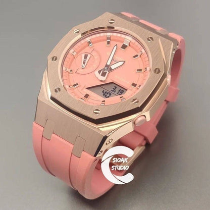 Casioak Mod Watch Rose Gold Case Pink Rubber Strap Pink Rose Gold Time Mark Pink Dial 42mm - Casioak Studio