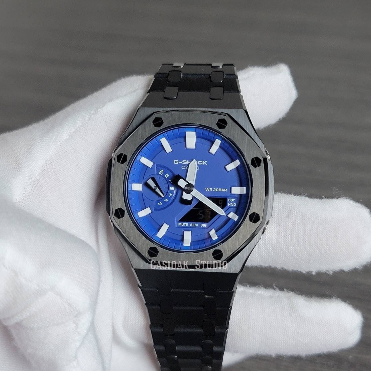 Casioak Mod Watch Black Case Metal Strap Blue White Time Mark Blue Dial 44mm - Casioak Studio