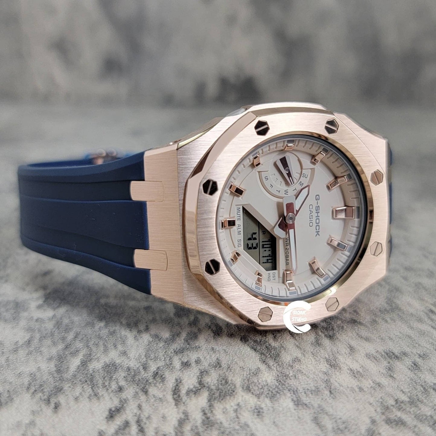 Casioak Mod Watch Rose Gold Case Blue Rubber Strap Beige Rose Gold Time Mark Beige Dial 42mm - Casioak Studio