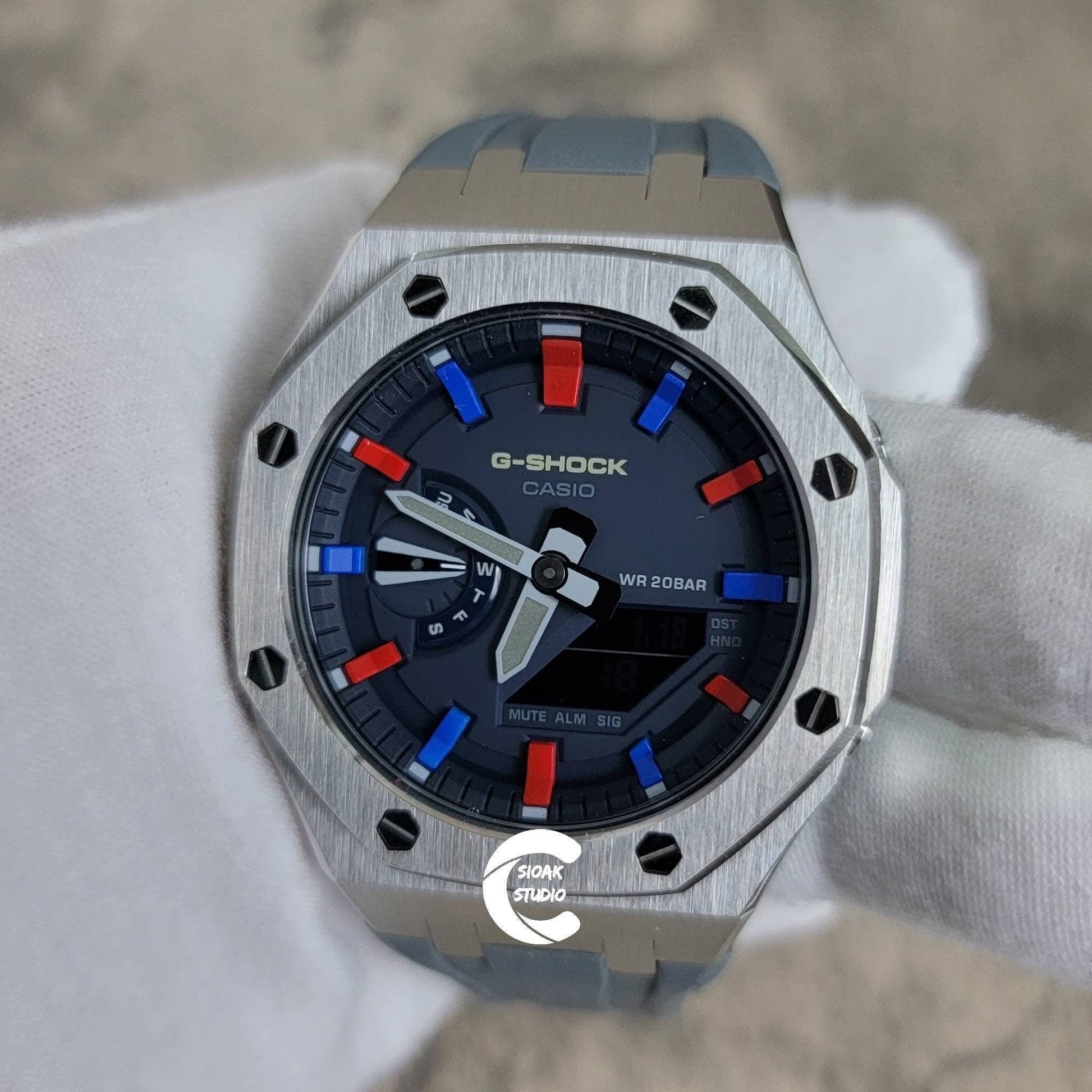 Casioak Mod Watch Silver Case Gray Rubber Strap Blue Red Time Mark Blue Dial 44mm - Casioak Studio