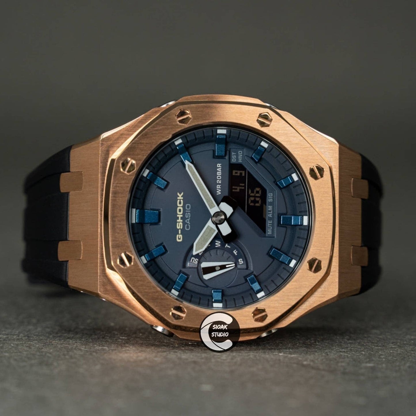 Casioak Mod Watch Rose Gold Case Black Rubber Strap Blue  Blue Time Mark Blue Dial 44mm - Casioak Studio