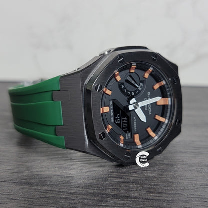 Casioak Mod Watch Gray Case Green Rubber Strap Black Rose Gold Time Mark Black Dial 44mm - Casioak Studio