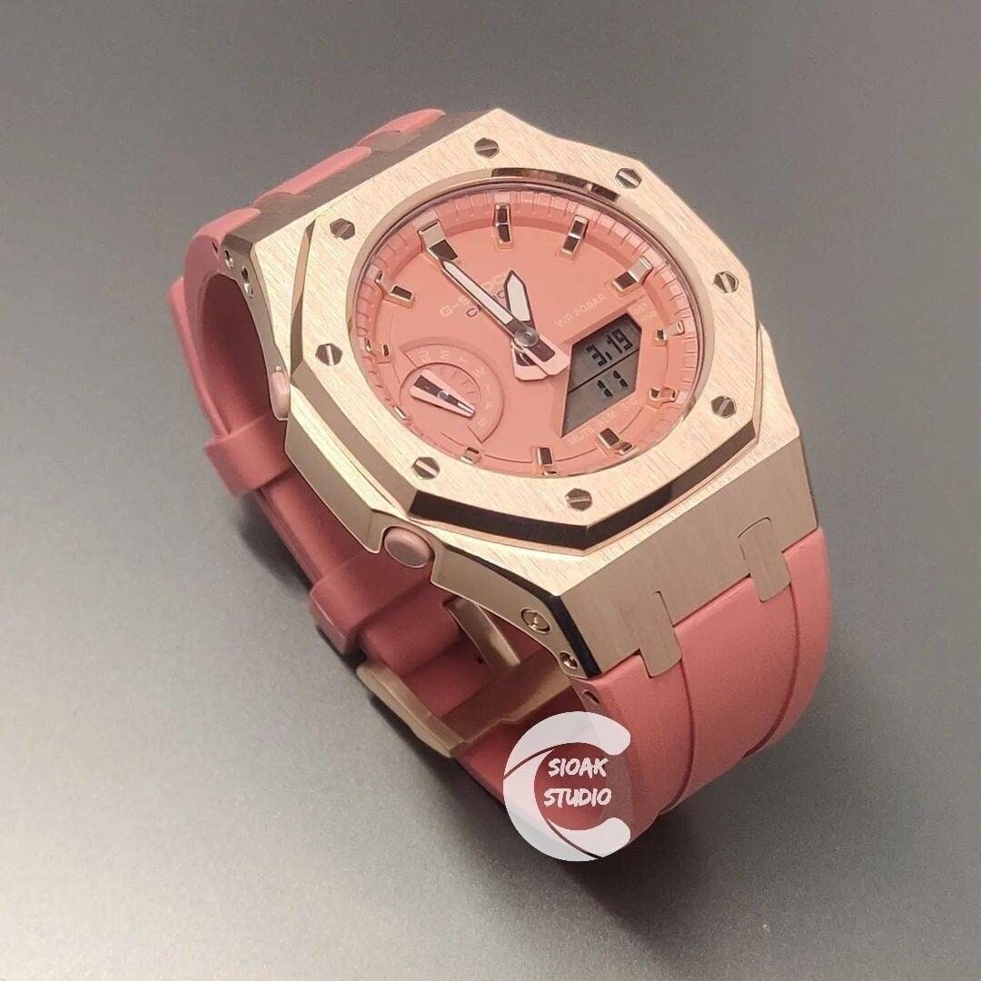 Casioak Mod Watch Rose Gold Case Pink Rubber Strap Pink Rose Gold Time Mark Pink Dial 42mm - Casioak Studio