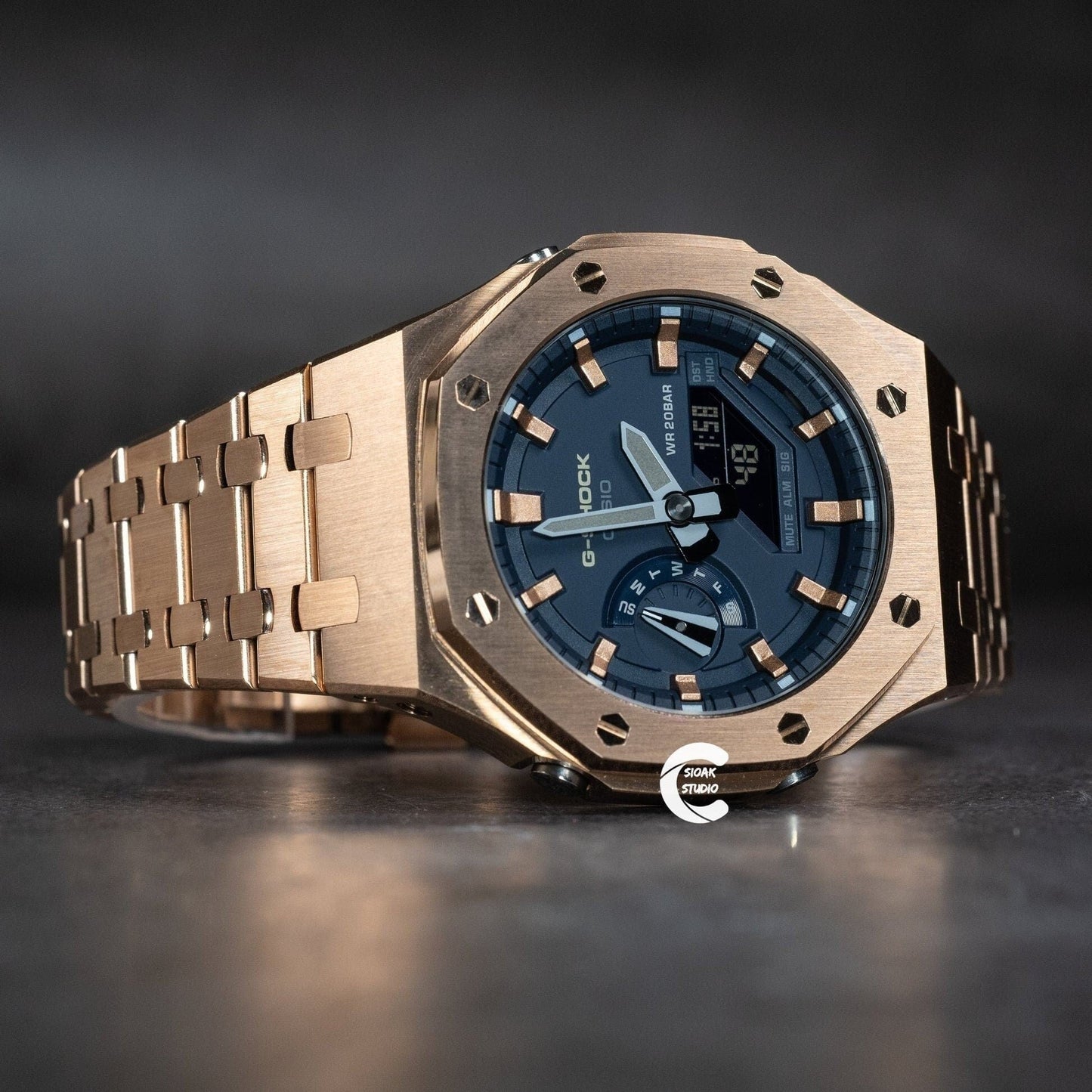 Casioak Mod Watch Rose Gold Case Metal Strap Blue Rose Gold Time Mark Blue Dial 44mm - Casioak Studio