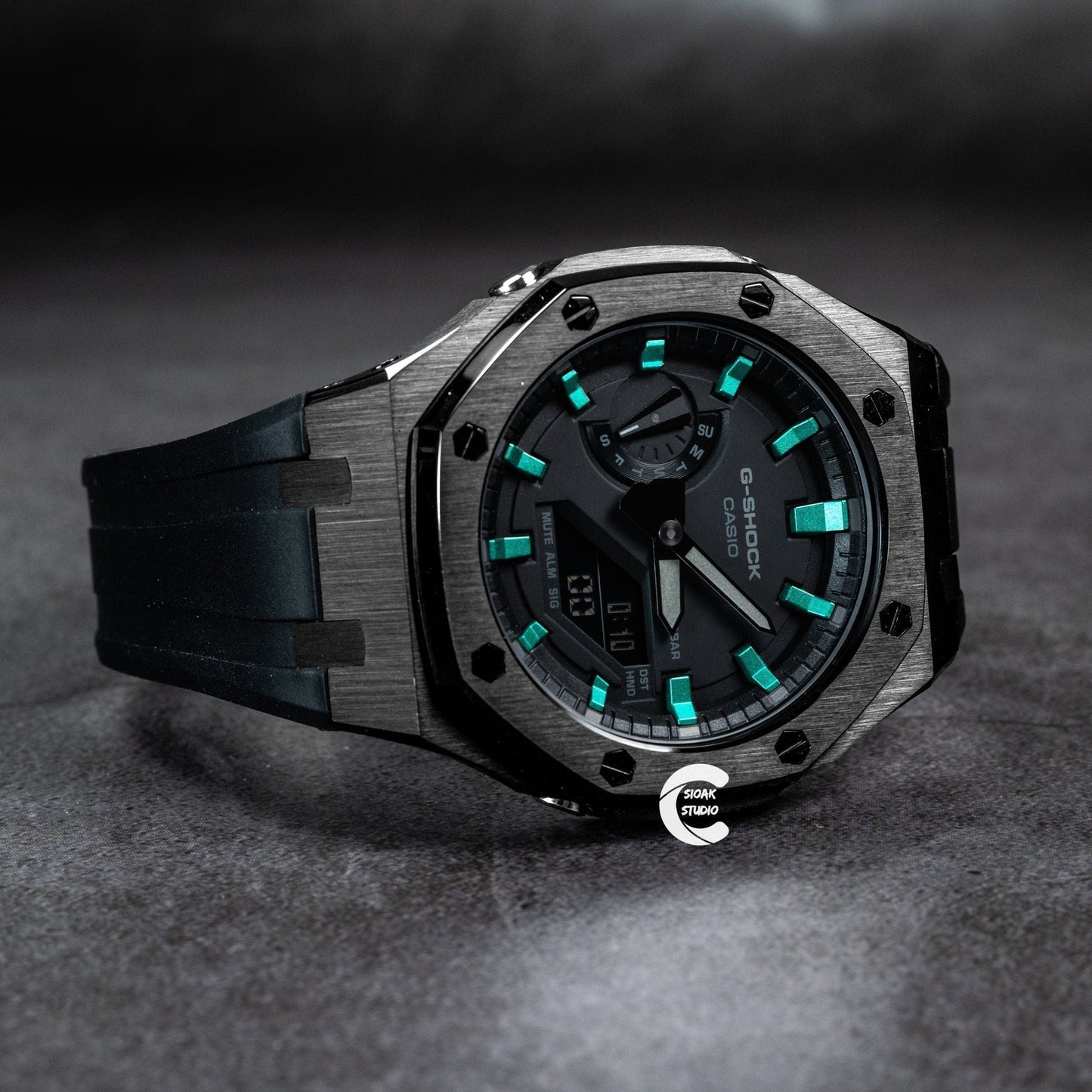 Casioak Mod Watch Silver Case Black Rubber Strap Black Turquoise Time Mark Black Dial 44mm - Casioak Studio