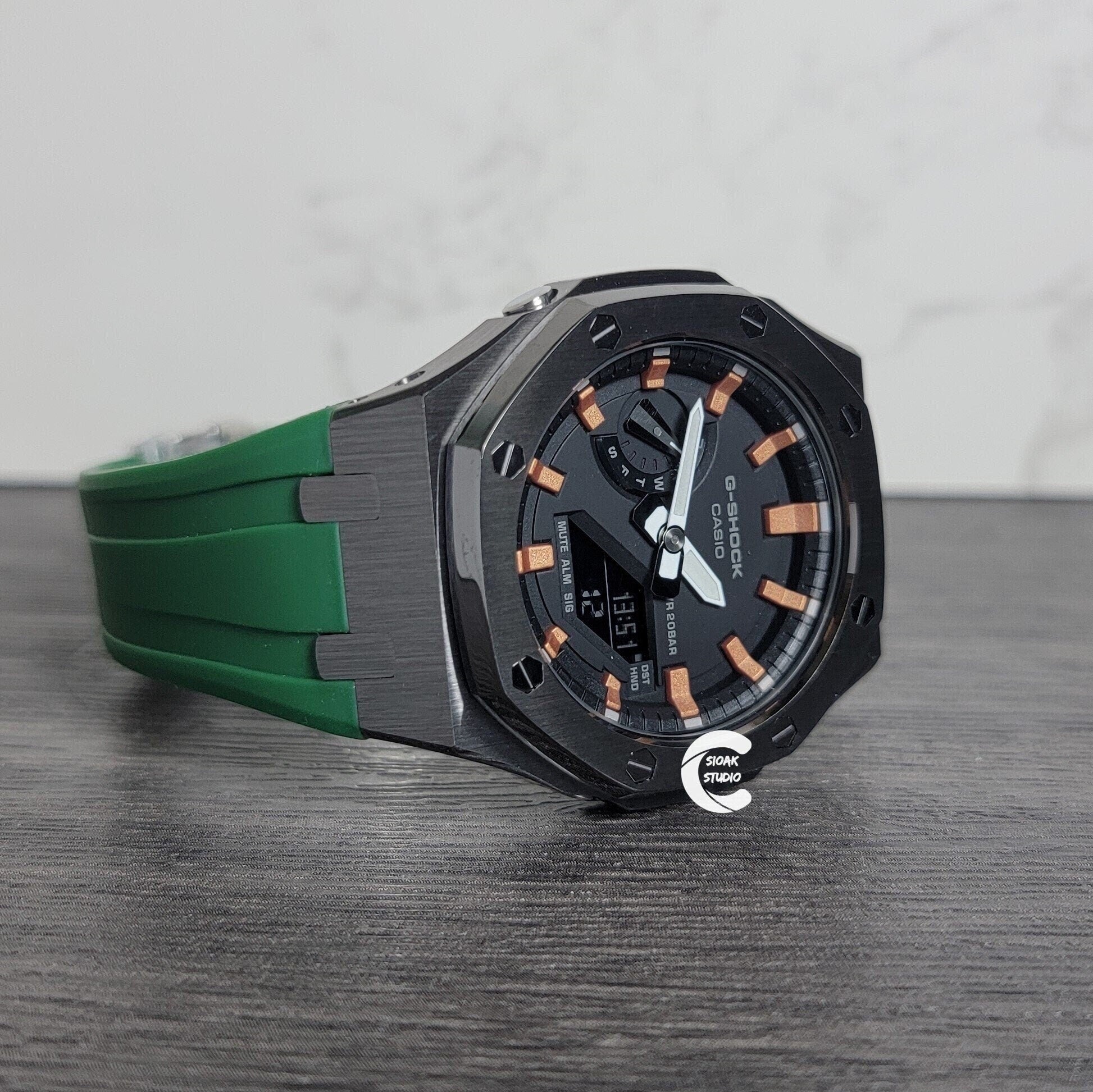 Casioak Mod Watch Gray Case Green Rubber Strap Black Rose Gold Time Mark Black Dial 44mm - Casioak Studio