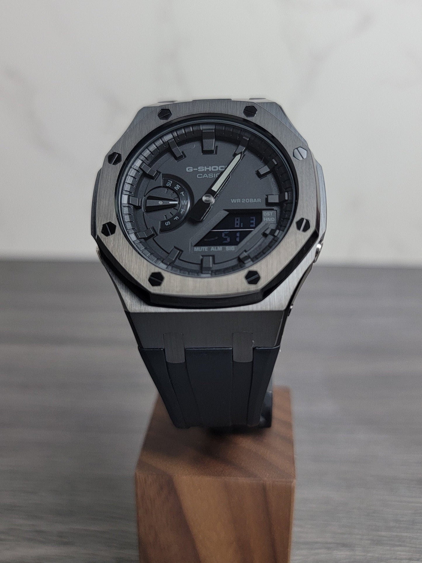 Casioak Mod Watch Black Case Black Rubber Strap Black Time Mark Black Dial 44mm - Casioak Studio