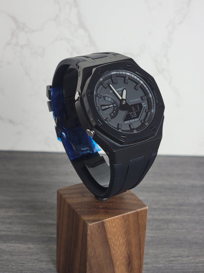 Casioak Mod Watch Black Case Black Rubber Strap Black Time Mark Black Dial 44mm - Casioak Studio