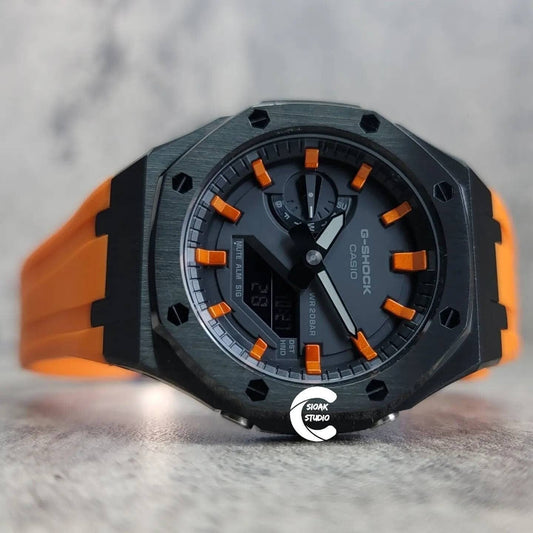 Casioak Mod Watch Black Case Orange Rubber Strap Black  Orange Time Mark Black Dial 44mm - Casioak Studio