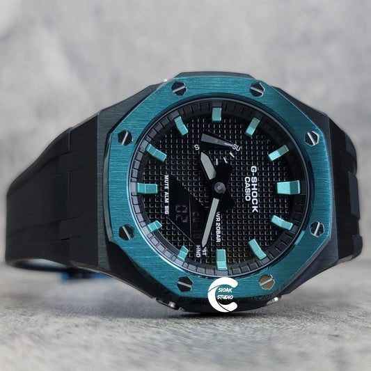 Casioak Mod Watch Blue Black Case Black Rubber Strap Black Turquoise Time Mark Black Dial 44mm - Casioak Studio