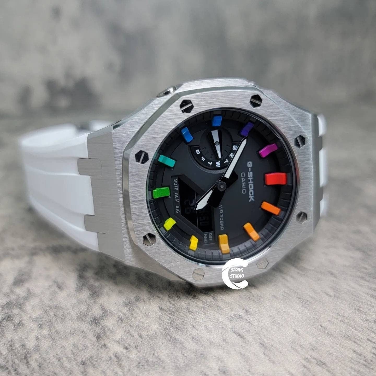 Casioak Mod Watch Silver Case White Rubber Strap Black Rainbow Time Mark Black Dial 44mm - Casioak Studio