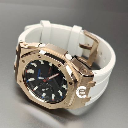 Casioak Mod Watch Offshore Superior Rose Gold Case White Rubber Strap Black Beige Time Mark Black Dial 42mm - Casioak Studio