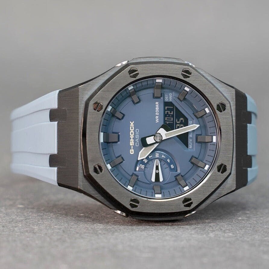 Casioak Mod Watch Black Case Gray Rubber Strap Blue Black Time Mark Blue Dial 44mm - Casioak Studio