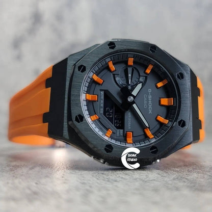 Casioak Mod Watch Black Case Orange Rubber Strap Black  Orange Time Mark Black Dial 44mm - Casioak Studio