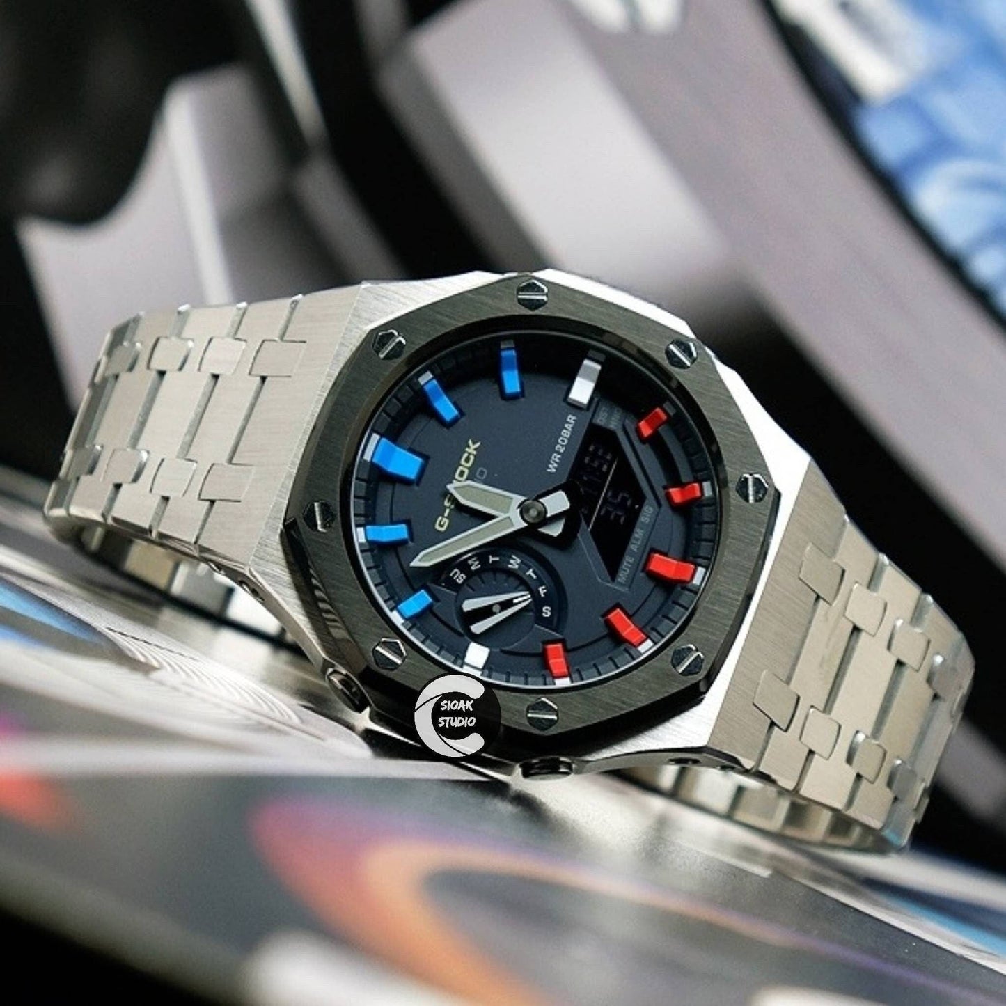 Casioak Mod Watch Black Silver Case Metal Strap Blue Rainbow Time Mark Blue Dial 44mm - Casioak Studio