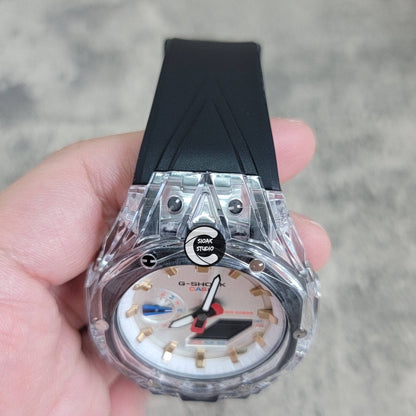 Casioak Mod Watch Transparent Case Black Strap White Gold Time Mark Silver Dial 44mm - Casioak Studio