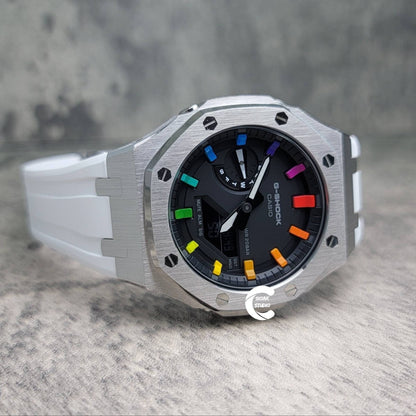 Casioak Mod Watch Silver Case White Rubber Strap Black Rainbow Time Mark Black Dial 44mm - Casioak Studio