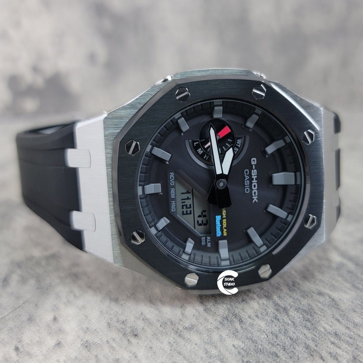 Casioak Mod Watch Solar Bluetooth Black Silver Case Black Rubber Strap Black Gray Time Mark Black Dial 44mm - Casioak Studio