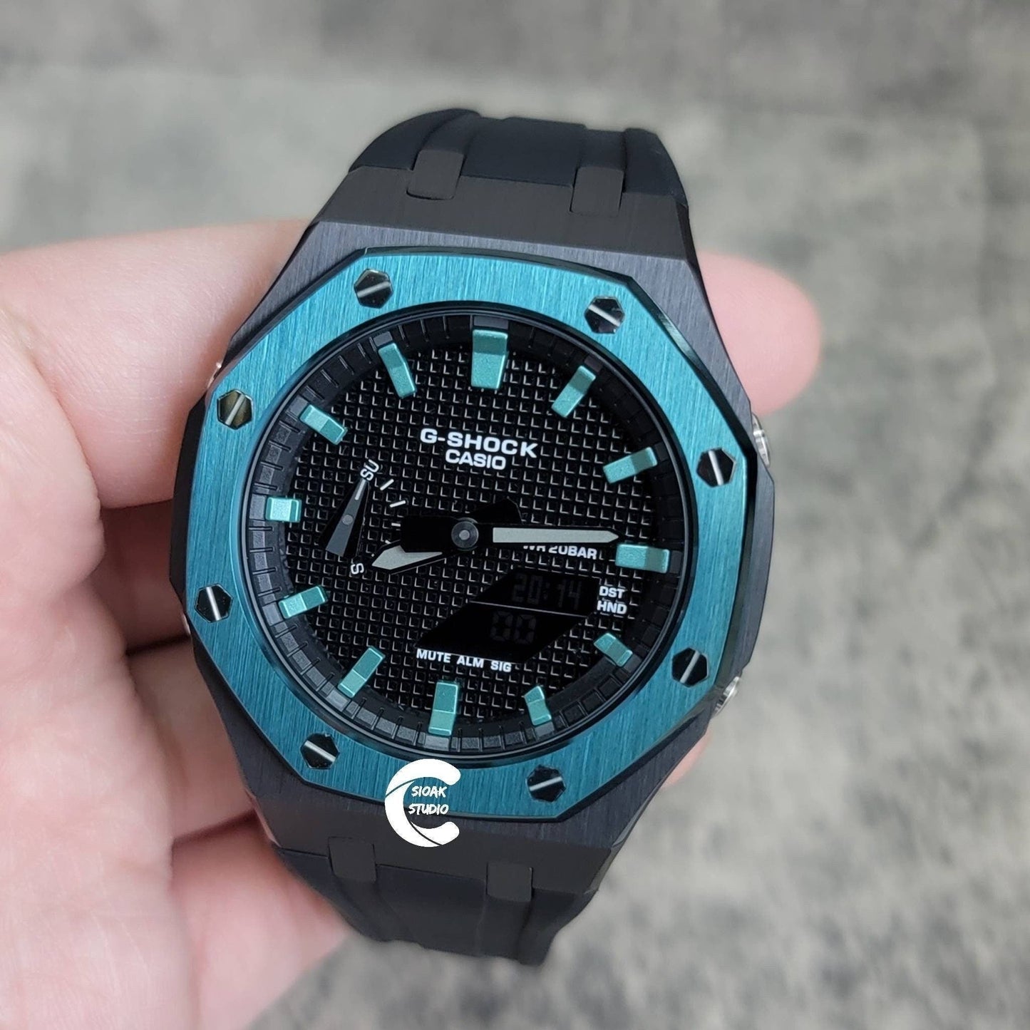 Casioak Mod Watch Blue Black Case Black Rubber Strap Black Turquoise Time Mark Black Dial 44mm - Casioak Studio