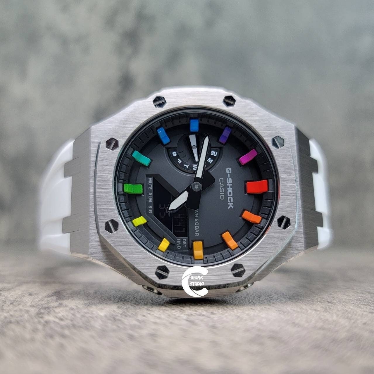 Casioak Mod Watch Silver Case White Rubber Strap Black Rainbow Time Mark Black Dial 44mm - Casioak Studio