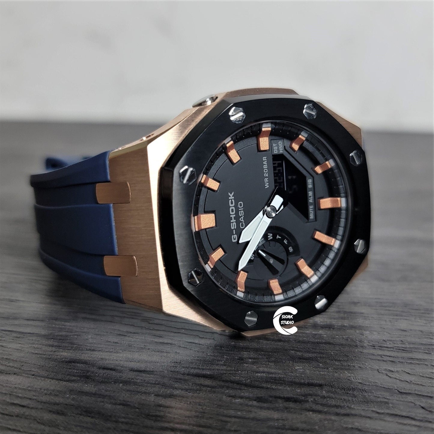 Casioak Mod Watch Black Rose Gold Case Blue Rubber Strap Black Rose Gold Time Mark Black Dial 44mm - Casioak Studio