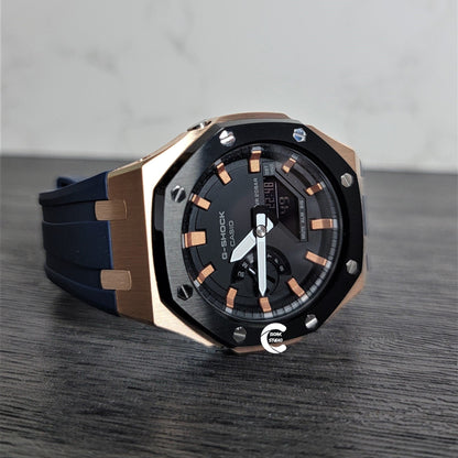 Casioak Mod Watch Black Rose Gold Case Blue Rubber Strap Black Rose Gold Time Mark Black Dial 44mm - Casioak Studio