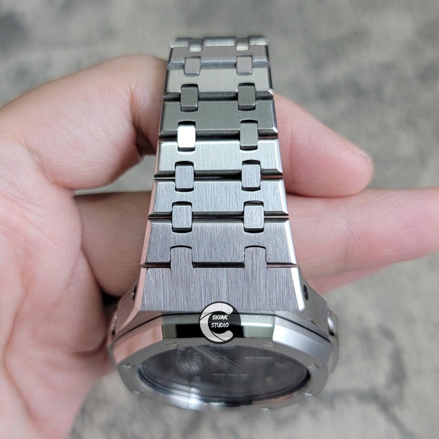 Casioak Mod Watch Silver Case Metal Strap Black Time Mark Black Waffle Dial 44mm - Casioak Studio