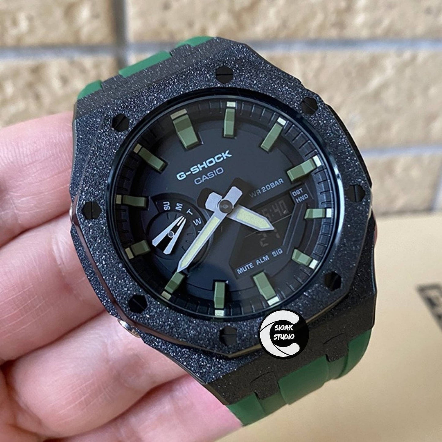 Casioak Mod Watch Frosted Black Case Green Strap Black Green Time Mark Black Dial 44mm     Men - Casioak Studio