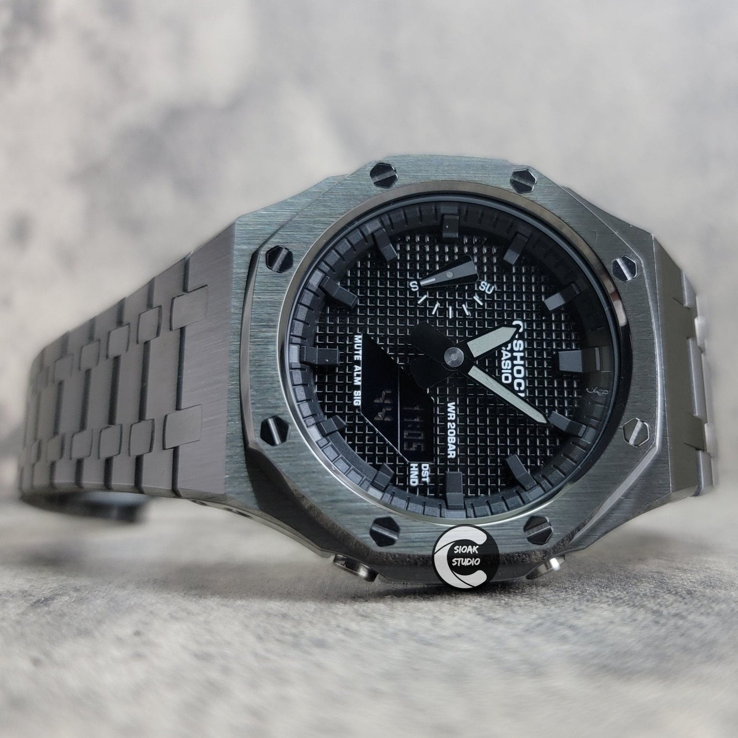 Casioak Mod Watch Gray Case Metal Strap Black Time Mark Black Waffle Dial 44mm - Casioak Studio