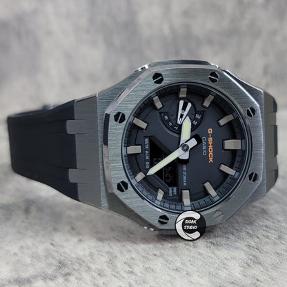 Casioak Mod Watch Gray Case Black Rubber Strap Black Gray Time Mark Black Dial 44mm - Casioak Studio