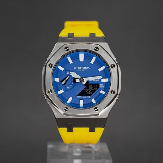 Casioak Mod Watch Gray Case Yellow Rubber Strap Blue Time Mark  Blue Dial 44mm - Casioak Studio