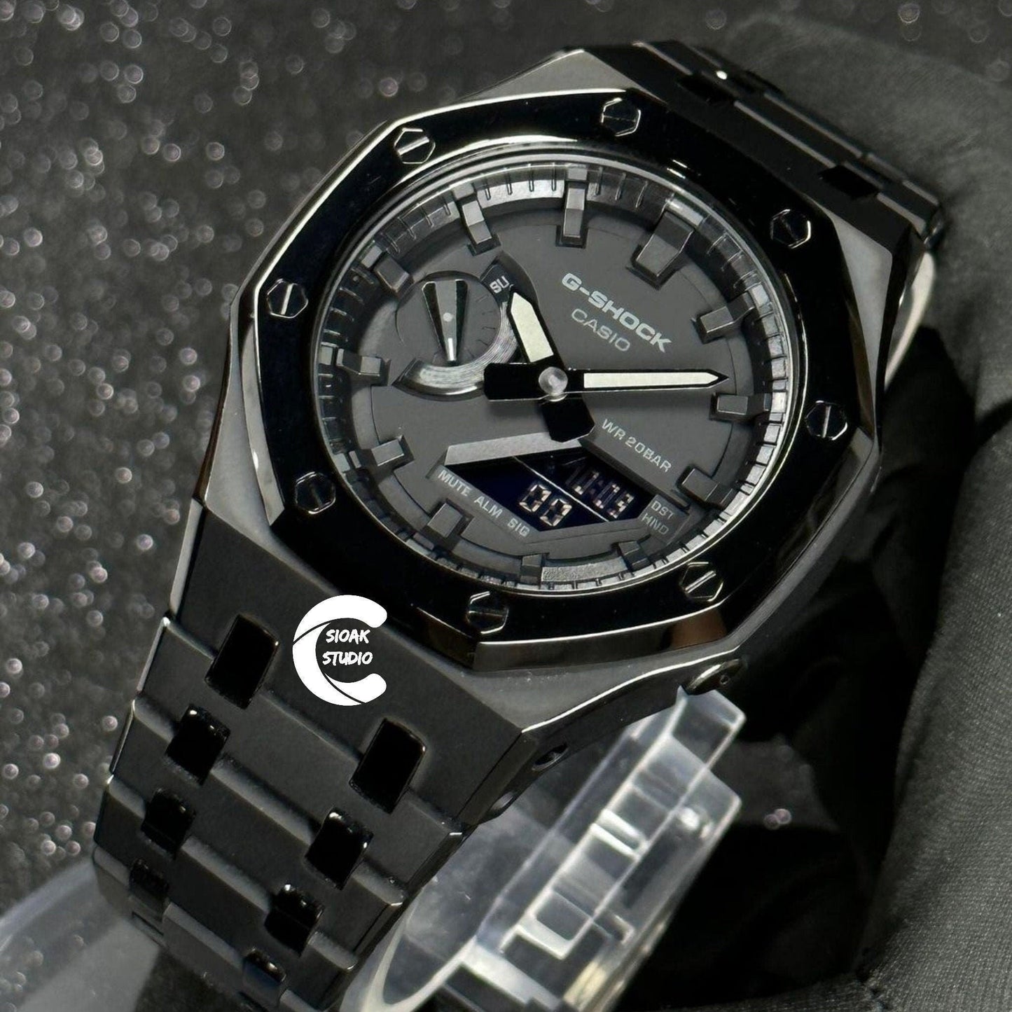 Casioak Mod Watch Polished Black Case Metal Strap Black Time Mark Black Dial 44mm - Casioak Studio