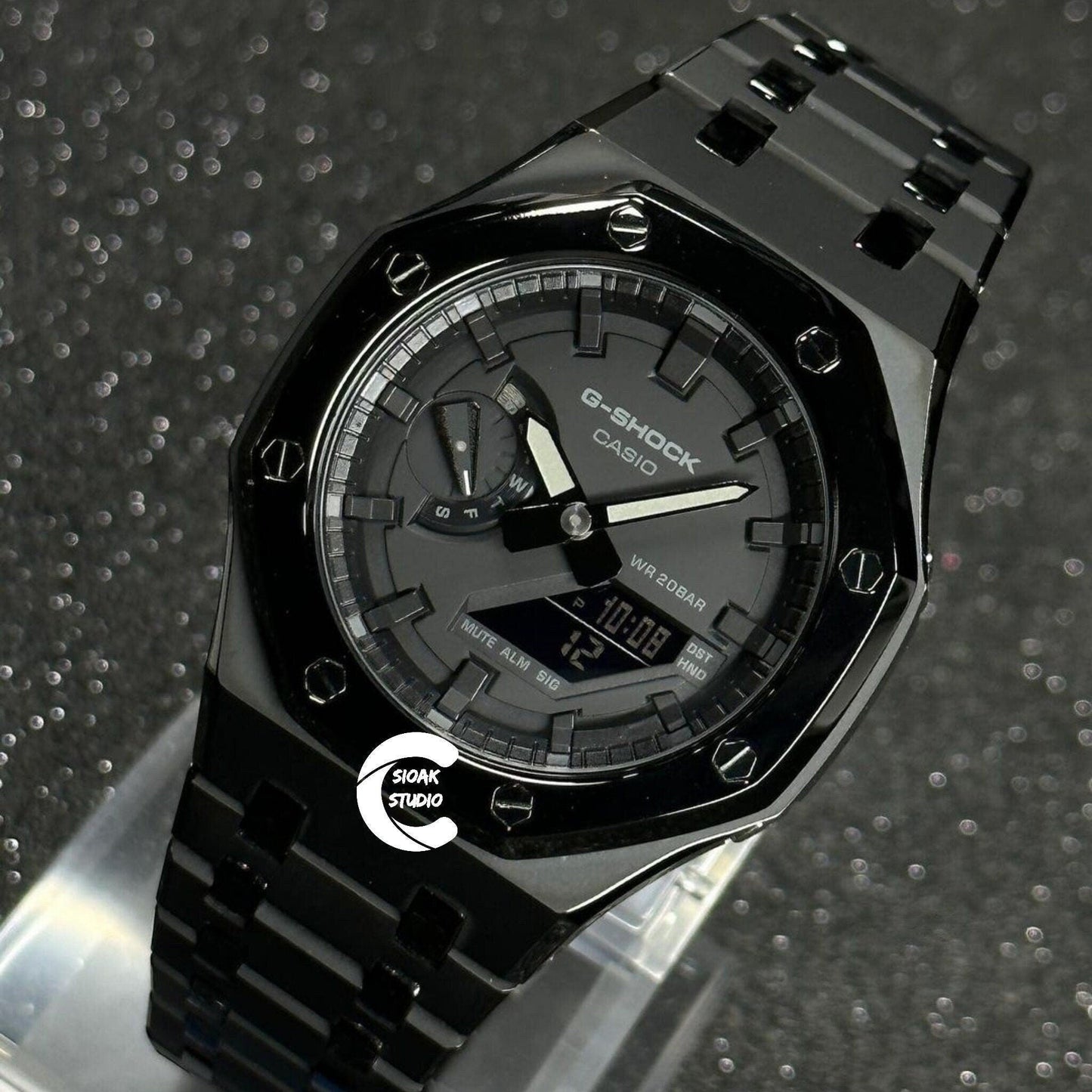 Casioak Mod Watch Polished Black Case Metal Strap Black Time Mark Black Dial 44mm - Casioak Studio