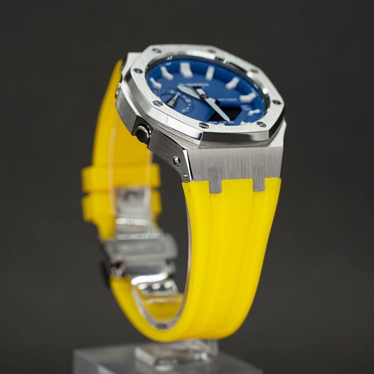 Casioak Mod Watch Gray Case Yellow Rubber Strap Blue Time Mark  Blue Dial 44mm - Casioak Studio