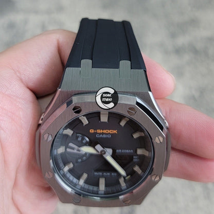 Casioak Mod Watch Gray Case Black Rubber Strap Black Gray Time Mark Black Dial 44mm - Casioak Studio