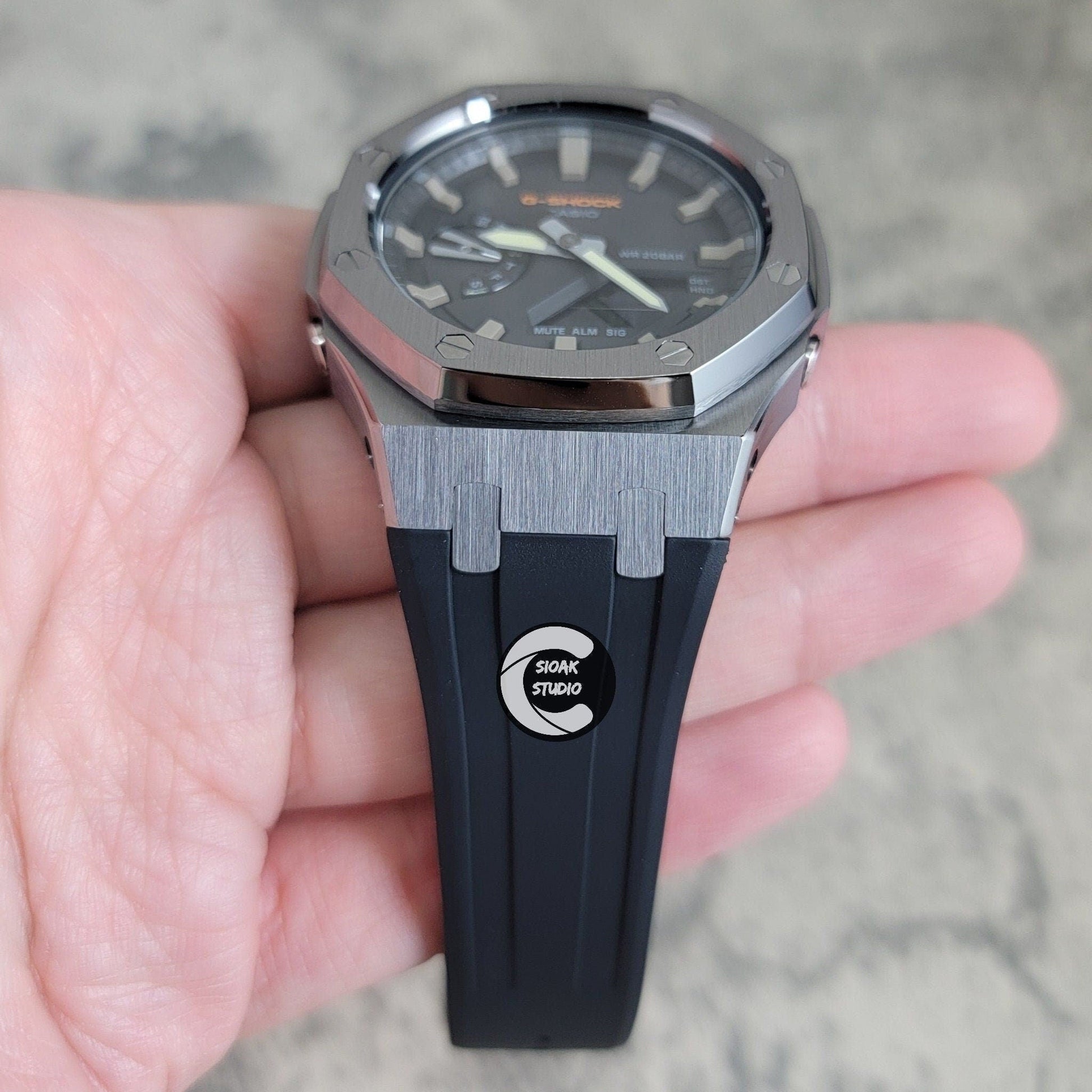 Casioak Mod Watch Gray Case Black Rubber Strap Black Gray Time Mark Black Dial 44mm - Casioak Studio