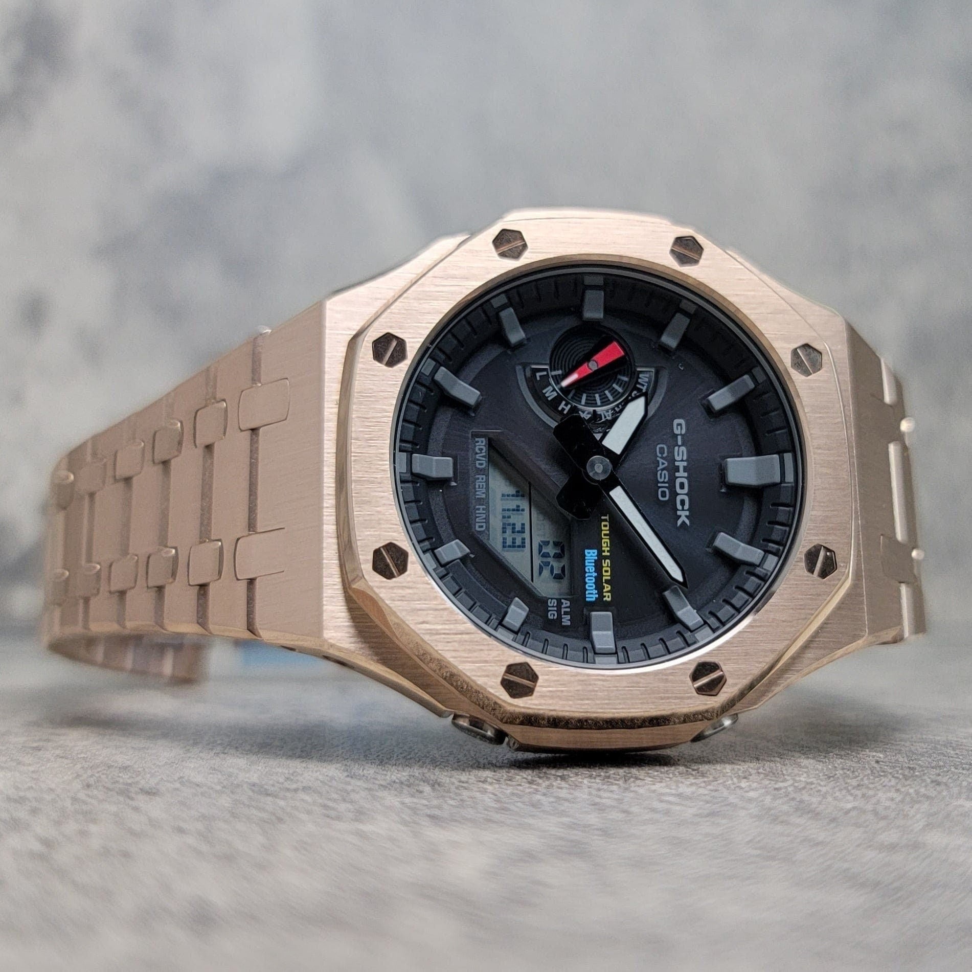 Casioak Mod Watch Solar Bluetooth Rose Gold Case Metal Strap Black Gray Time Mark Black Dial 44mm G SHOCK CUSTOM - Casioak Studio