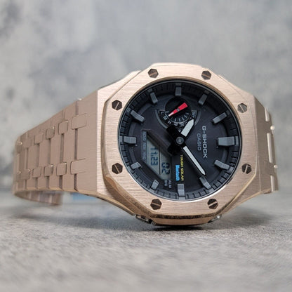 Casioak Mod Watch Solar Bluetooth Rose Gold Case Metal Strap Black Gray Time Mark Black Dial 44mm G SHOCK CUSTOM - Casioak Studio