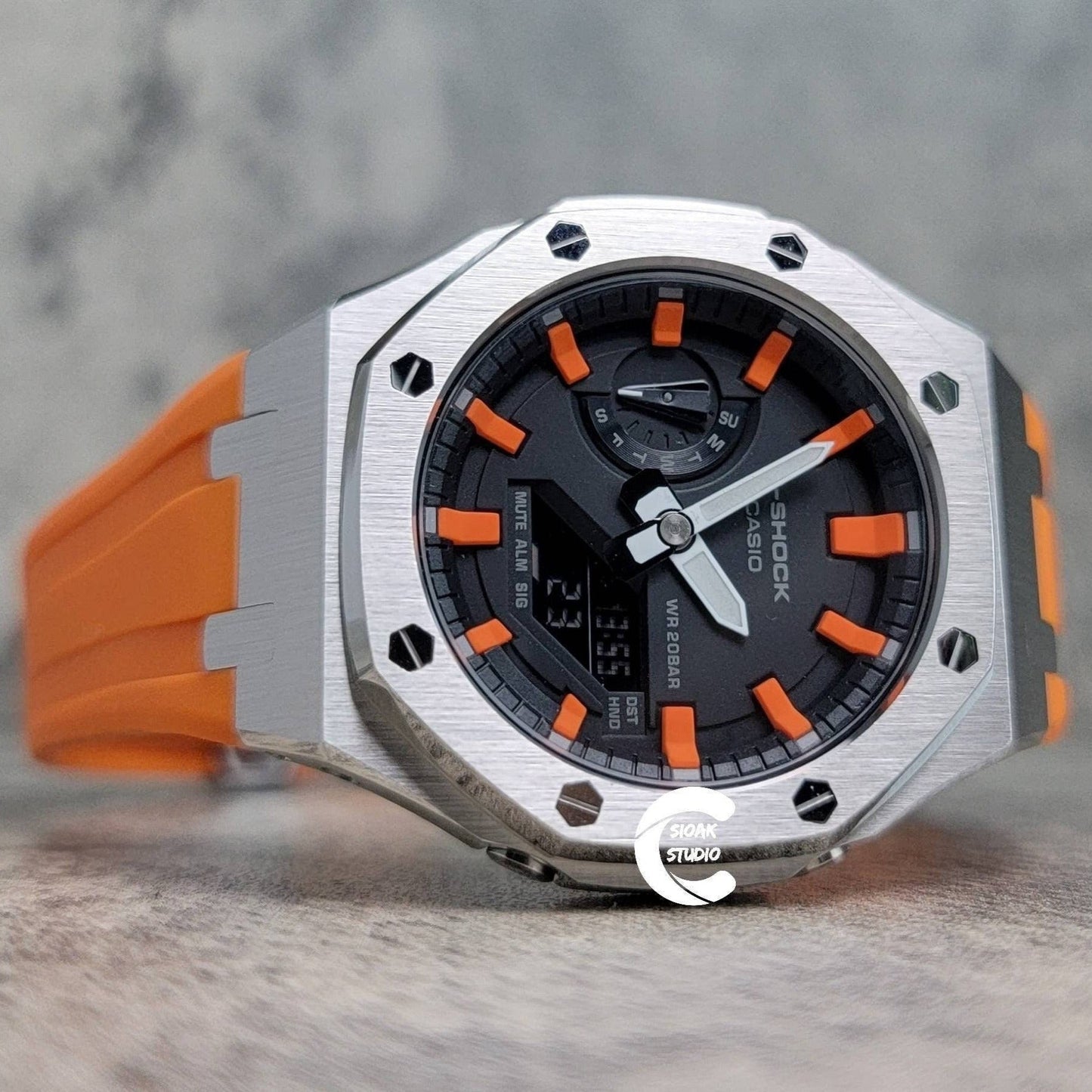 Casioak Mod Watch Silver Case Orange Rubber Strap Black Orange Time Mark Black Dial 44mm - Casioak Studio