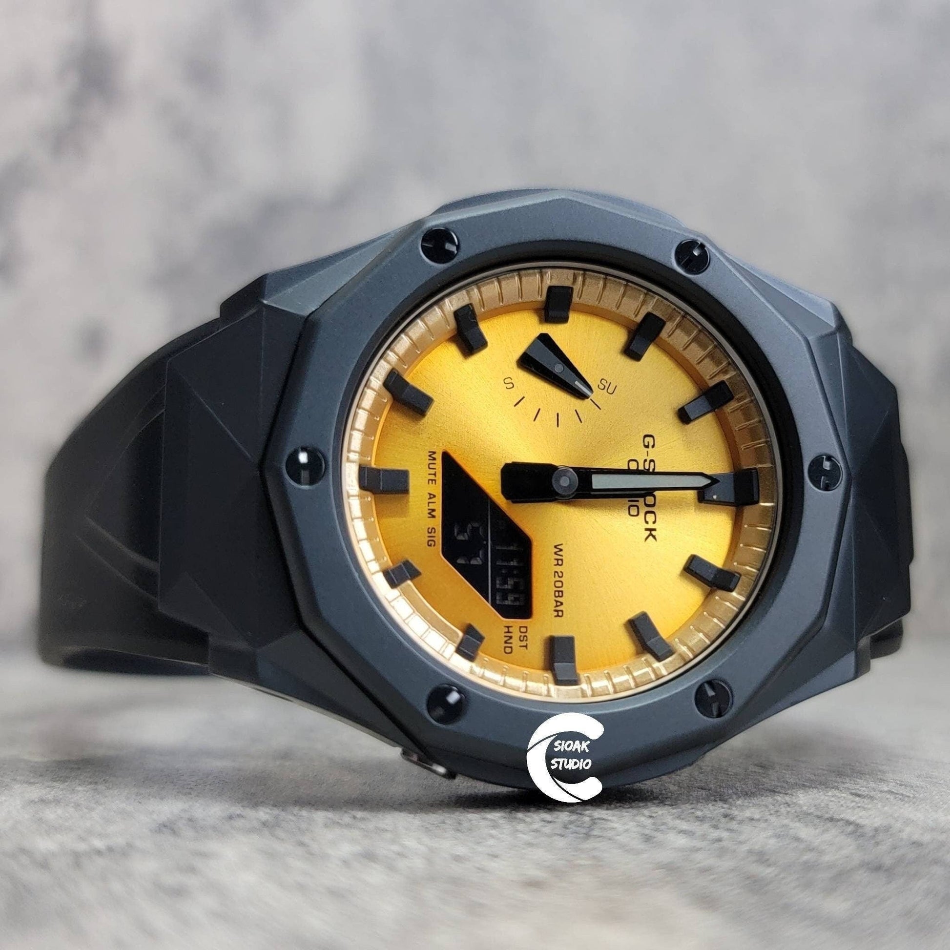 Casioak Mod Watch Black HB Case Black Gold Black Time Mark Gold Dial 44mm - Casioak Studio