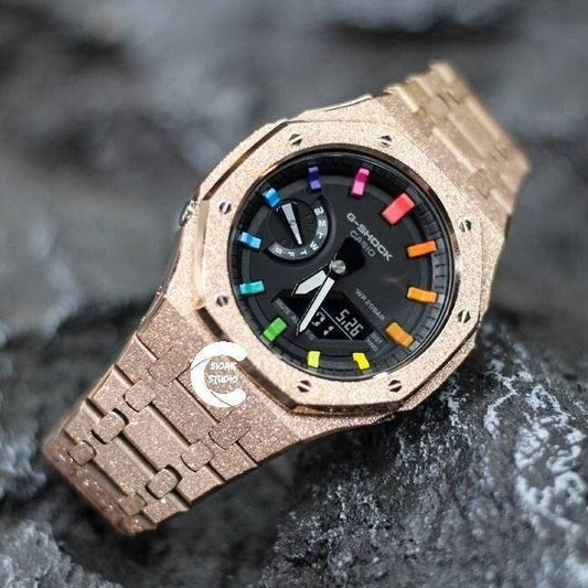 Casioak Mod Watch Frosted Rose Gold Case Metal Strap Black Rainbow Time Mark Black Dial 44mm - Casioak Studio