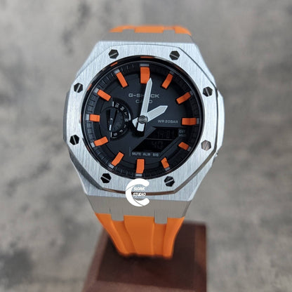 Casioak Mod Watch Silver Case Orange Rubber Strap Black Orange Time Mark Black Dial 44mm - Casioak Studio